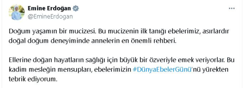 Emine Erdoğan'dan 'Dünya Ebeler Günü' mesajı