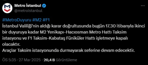 İstanbul - Taksim metro istasyonu ve F1 Taksim-Kabataş Füniküler Hattı ikinci bir duyuruya kadar işletmeye kapatıldı