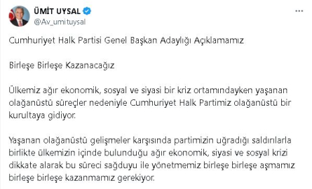 Muratpaşa Belediye Başkanı Uysal, CHP Genel Başkan adaylığını duyurdu