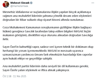 Bakan Şimşek: Sayın Özel'e yalan söylemek ve iftira atmak yakışmıyor