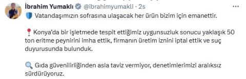 Bakan Yumaklı: 50 ton eritme peynirini imha ettik