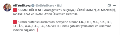 Bakan Yerlikaya: Kırmızı bültenle aranan 12 suçlu Türkiye'ye getirildi