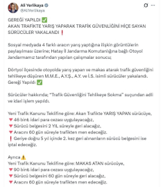 Bakan Yerlikaya: Hatay'da trafikte yarışan 4 sürücü yakalandı