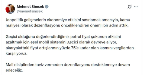 Bakan Şimşek: Akaryakıttaki fiyat artışlarının yüzde 75'e kadar olan kısmını vergilerden karşılıyoruz