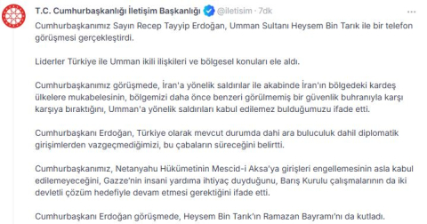 Cumhurbaşkanı Erdoğan, Umman Sultan Heysem Bin Tarık ile görüştü