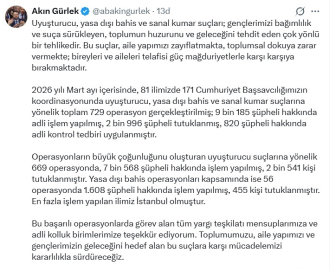 Bakan Gürlek: Uyuşturucu, yasa dışı bahis ve sanal kumar operasyonlarında 2 bin 996 şüpheli tutuklandı