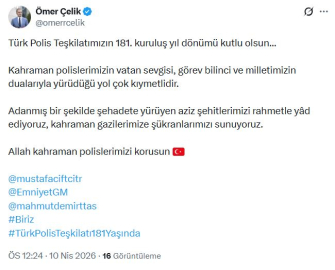 AK Parti'li Çelik: Türk Polis Teşkilatımızın 181'inci kuruluş yıl dönümü kutlu olsun