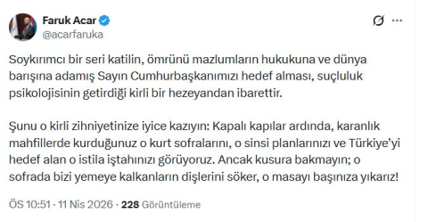 AK Parti'li Acar: Soykırımcı bir seri katilin, Cumhurbaşkanımızı hedef alması kirli bir hezeyandan ibarettir