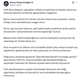 Cumhurbaşkanı Erdoğan: CHP Genel Başkanı yolsuzluk, rüşvet, irtikap, taciz skandallarıyla meşgul olsun