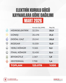 Türkiye'nin elektrik kurulu gücü 125 bin 78 megavata yükseldi